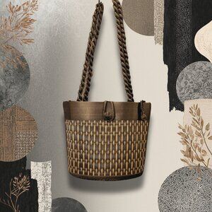 Vintage Handmade Woven Shoulder Bag | Black Satin Trim | Long Strap | Zipper Top